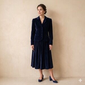 VTG Charter Club Jane Justin Navy Velvet Skirt Suit Set Blazer Midi Skirt Sz 10